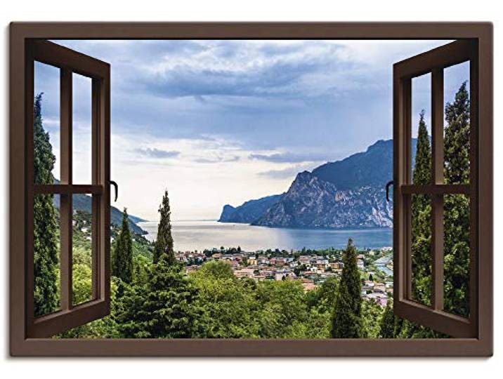 ARTLAND Wanddeko Leinwand Bilder Wandbild Querformat Fensterblick Gardasee Landschaft See Natur Berge Italien U1TU