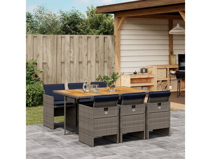 vidaXL 7-teiliges Garten-Ess-Set mit Kissen, grau, Polyrattan