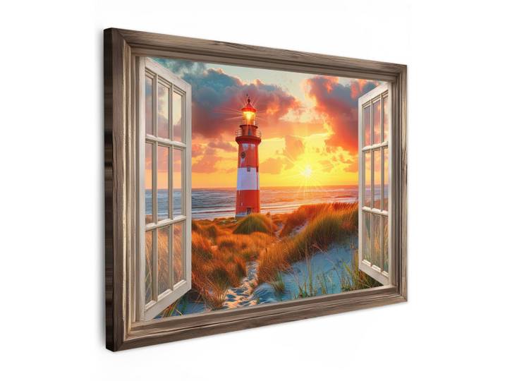 LEINWANDBILD Aussicht - Fenster - Leuchtturm - Sonnenuntergang - Strand Wandbilder 80x60 cm