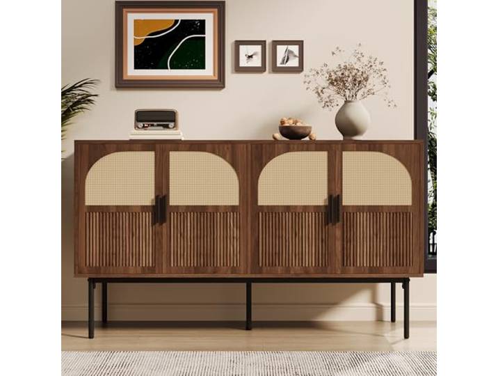 Merax Rattan Sideboard Schrank mit 4 Türen, Moderne Anrichte Kommode Aufbewahrungsschrank aus Holz, Sideboard Buffet mit Stahlbeinen für Wohnzimmer Esszimmer Eingang, 140×40×80 cm