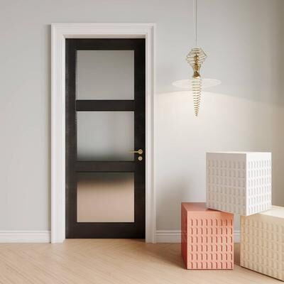 Nuzanto "80""H Black 3 Lite Frosted Glass French Door Interior Slab Door"