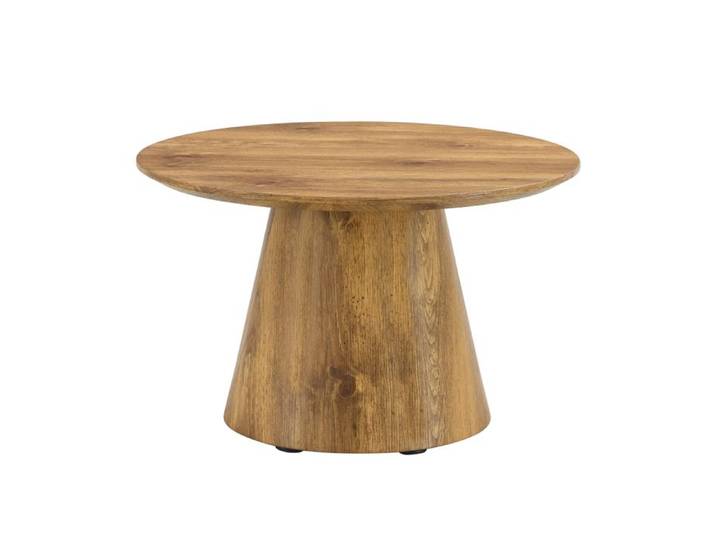 Table basse ronde imitation bois naturel idéale comme table d'appoint dans un salon ou comme table de balcon.