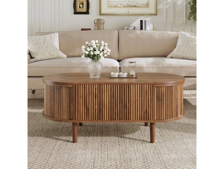 Table Basse Ovale Relevable Noyer Table Basse Vintage FloraGrace Pour Salon Avec Rangement 100x48x53.5cm