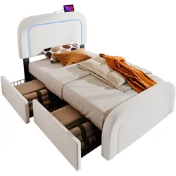 Polsterbett 90x200 cm mit LED-Beleuchtung, USB Typ C Ladefunktion und 2 Schubladen – elegantes Design in Sherpa-Weiß