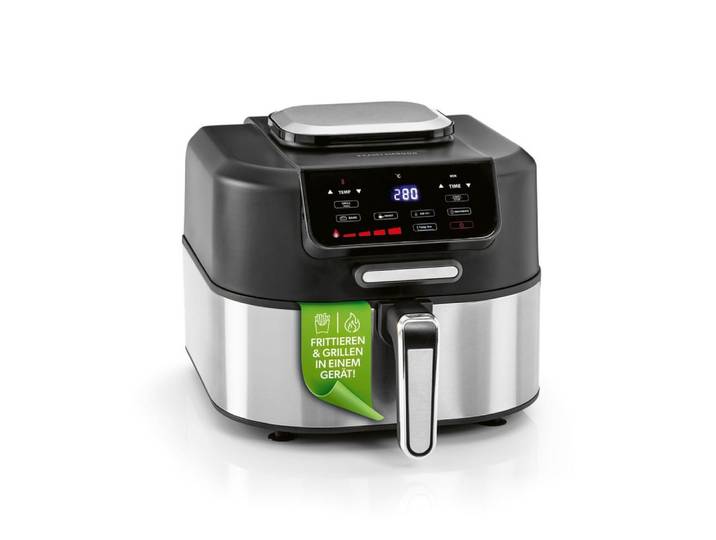 GOURMETmaxx Heißluftfritteuse Heißluftfritteuse FryBBQ, 5 l - 2 in 1: Heißluftfritteuse und Grill - mit 5 Modi, 2000 W, 7-Zoll-LED Displays, 5 Funktionen, 2000 W, 360°-Heißluftzirkulation