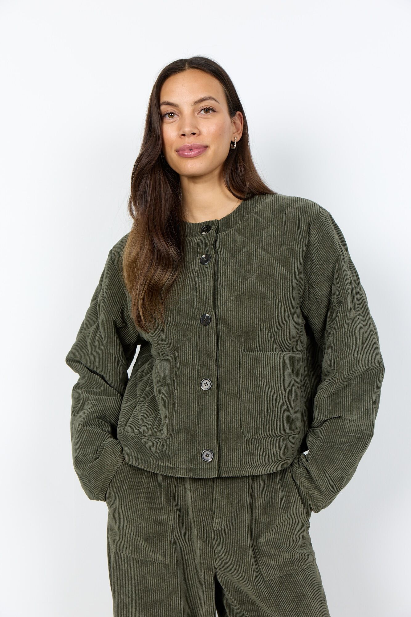 Cordjacke SOYACONCEPT "SC-BINDI 21", Damen, Gr. L, forest night, Cord, Obermaterial: 90% Polyester, 10% Polyacryl, unifarben, normal, Rundhals, Jacken Cordjacke, Materialmix