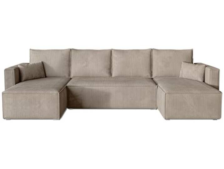 BROMARKT Ecksofa mit Schlaffunktion Sofa Cord Eckcouch mit Bettkasten Wohnzimmer Möbel U Form Couch dreisitzer Kissen groß 305x145x74 cm Schlafsofa Wohnlandschaft TOP U Cappuccino