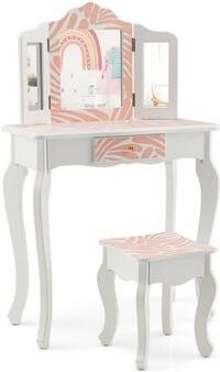 Costway 2-in-1 Kids Vanity Table Set with Tri-folding Mirror-Pink