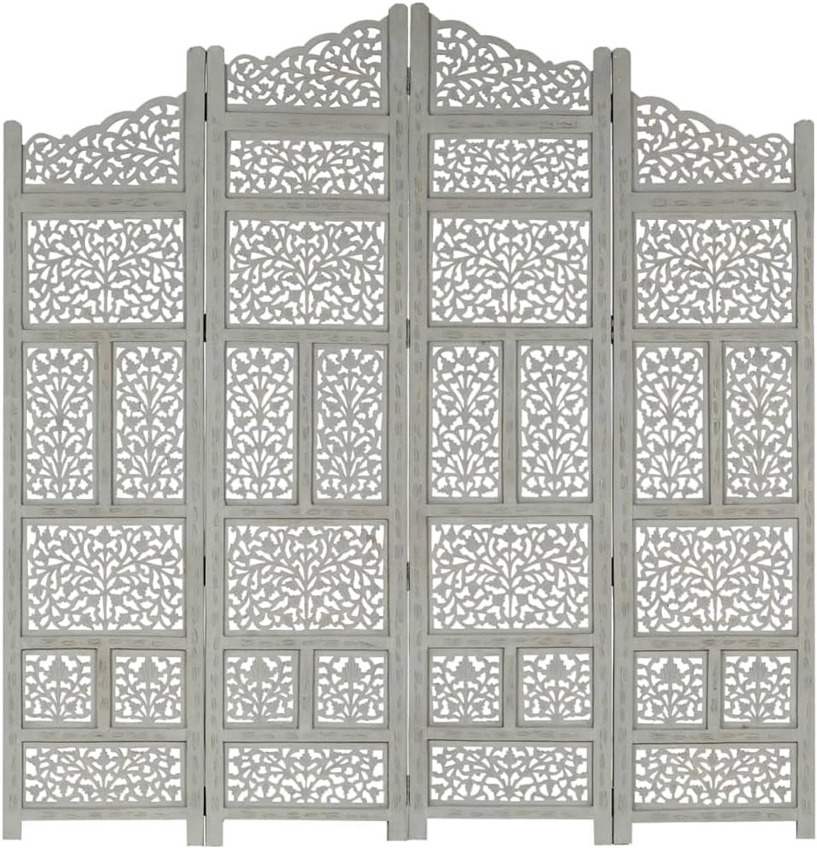 Handgegraveerd Kamerscherm met 4 Panelen van Mango Hout - Decoratieve Room Divider
