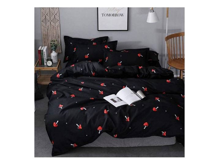 LuxusKollektion Kinderbettwäsche Bettwäsche Set Pilz Cartoon 220x240 Mädchen Schwarz Rot, 3 teilig