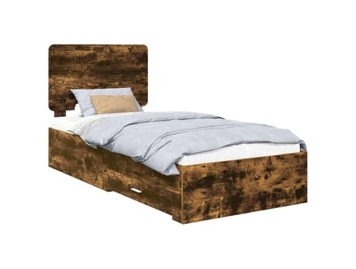 HMDNGOUT Bettgestell 75x190 cm aus Holzwerkstoff mit Kopfende, rechteckiges Bett mit Schubladen für Schlafzimmer, geräucherte Eiche