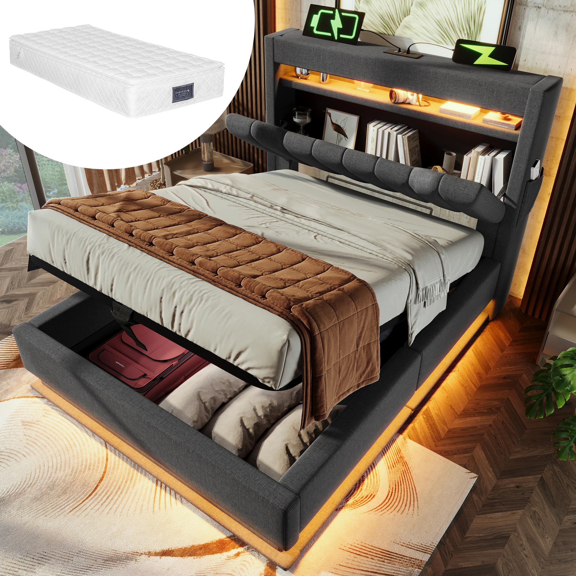 90x200cm Polsterbett Einzelbett, Stauraum-Kopfteil mit USB- und Typ-C-Anschlüssen, LED-Beleuchtung am Kopf- und Fußende des Bettes