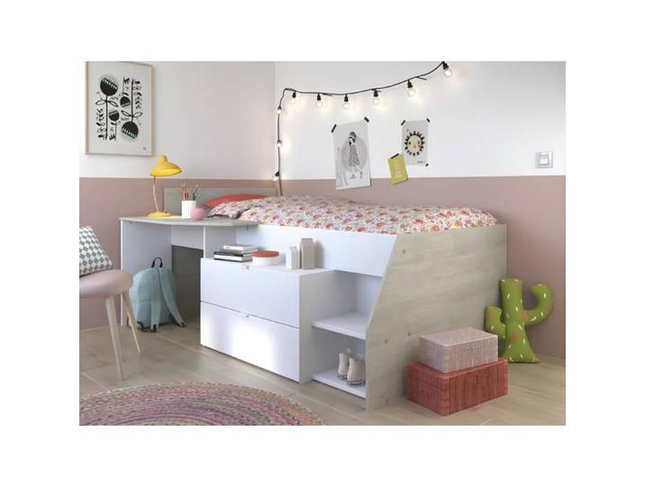 Lit avec bureau et rangements - 90 x 190/200 cm - Blanc et naturel + Sommier - GISELE