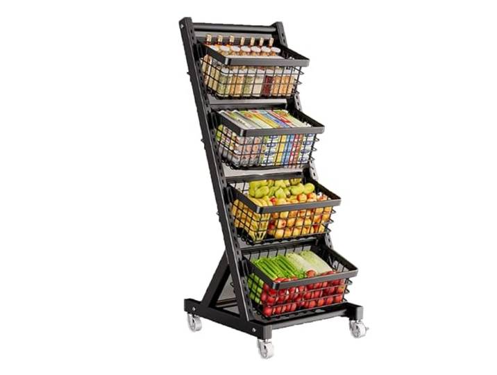 SRDCAIM Präsentationsregal für Snacks, Obst- und Gemüseregal auf dem Boden, multifunktionales Aufbewahrungsregal für Haushaltsgemüse, Küchenorganizer mit Aufbewahrungskörben(Nero,38 * 40 * 112.5cm)