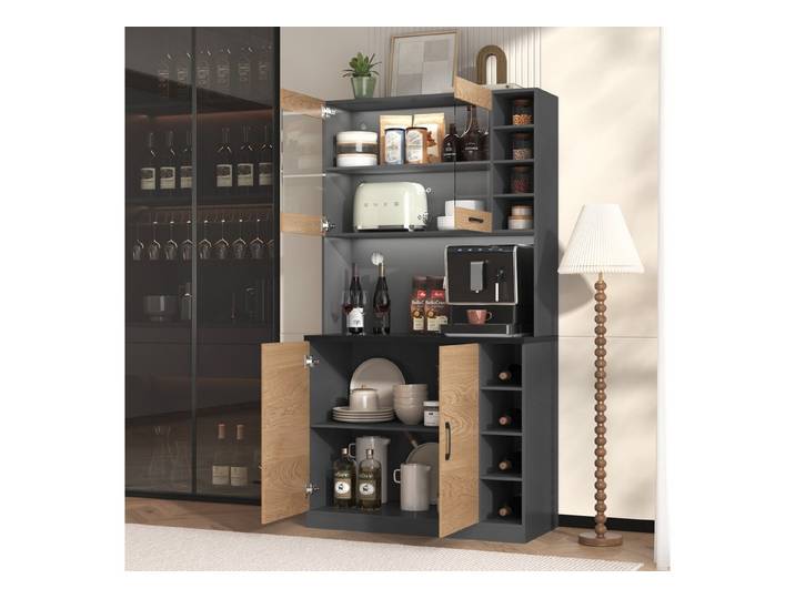 Odikalo Küchenbuffet Küchenschrank Vitrine Sideboard Ablagefach Weinregal Schwarz/Grau 100x47x187cm