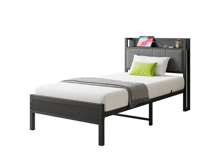 Stilvora Metallbett 90/200 mit Gepolstertes Kopfteil und Steckdose Jugendbett ohne Matratze, 27 cm Bodenfreiheit, Schwarz, Metall, 90x200 cm, Schlafzimmer, Betten, Metallbetten