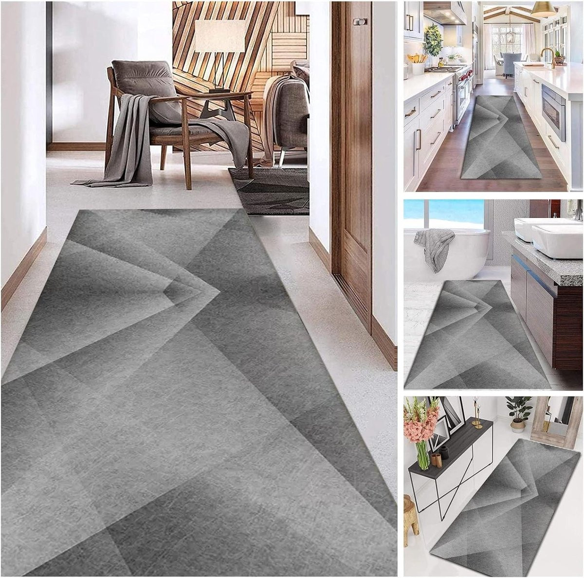 Gangtapijt Runner Grijs Geometrisch - Antislip en Wasbaar - B/D: 80 x 350 cm