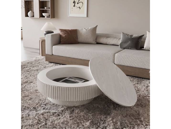 Table basse ronde 75cm blanc rétro avec rangement dissimulé table basse bois design flûté pour salon chambre appartement