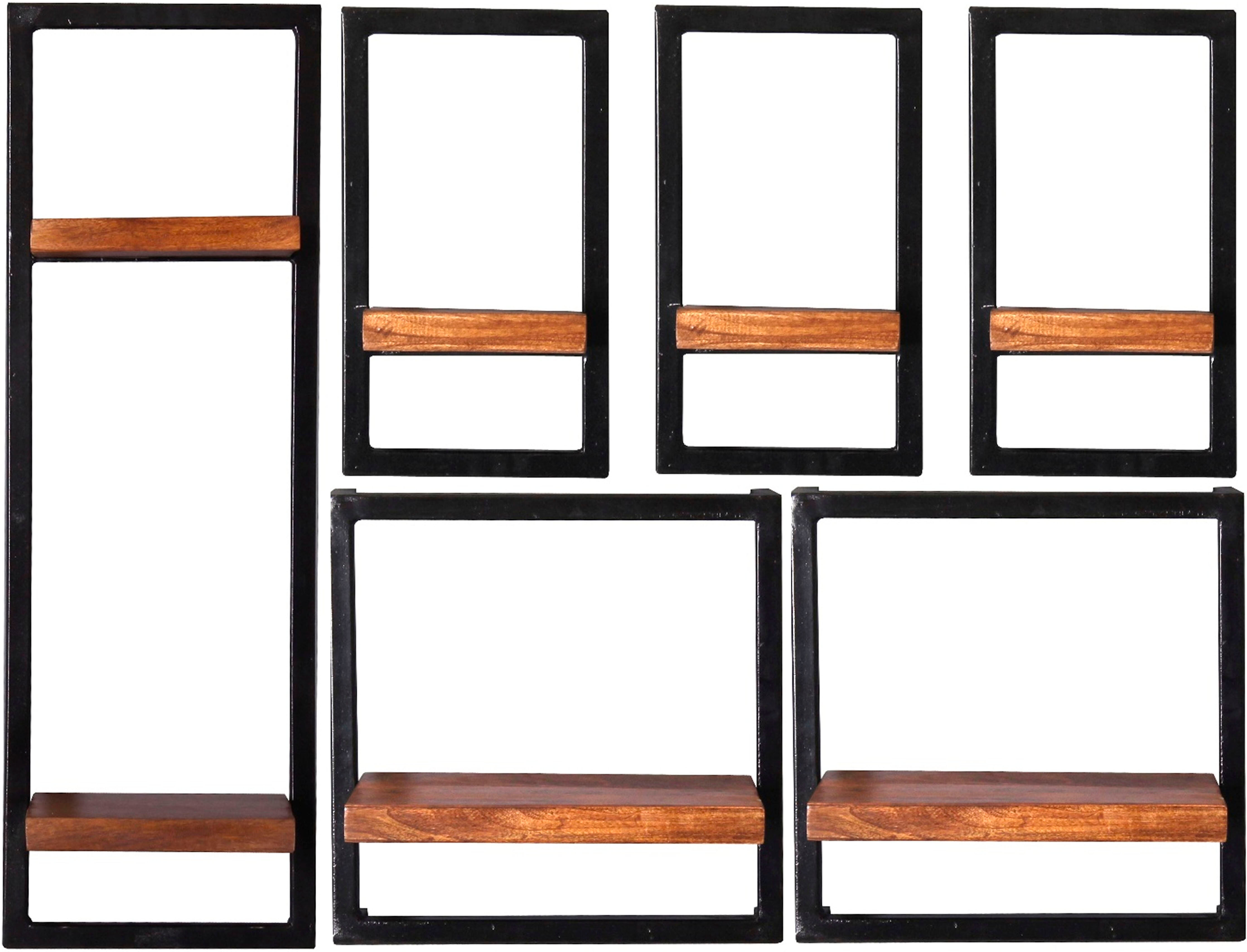 Wandregal SIT "Angkor Wandregal-Set 6-teilig aus Mangoholz mit Altmetall", schwarz (schwarz, natur), B:105cm H:75cm T:25cm, Regale, Wandregal, 3 schmale, 2 breite & 1 hohes Regal für flexible Wandgestaltung schwarz, natur B/H/T: 105cm x 75cm x 25cm
