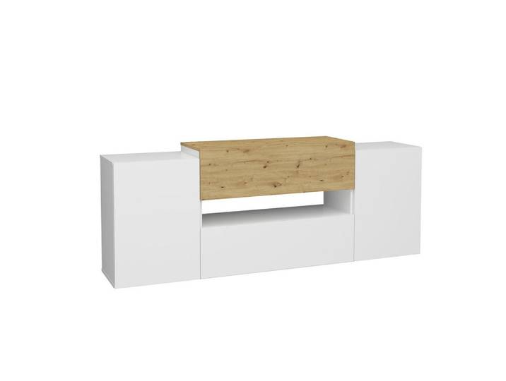 Calicosy Tv-Möbel mit 2 Türen und 2 Schubladen, weiß glänzend und Eiche Olpe - L182 cm, Weiß Hochglanz, 33x70x182 cm, Wohnzimmer, TV Möbel, Lowboards, Lowboards stehend