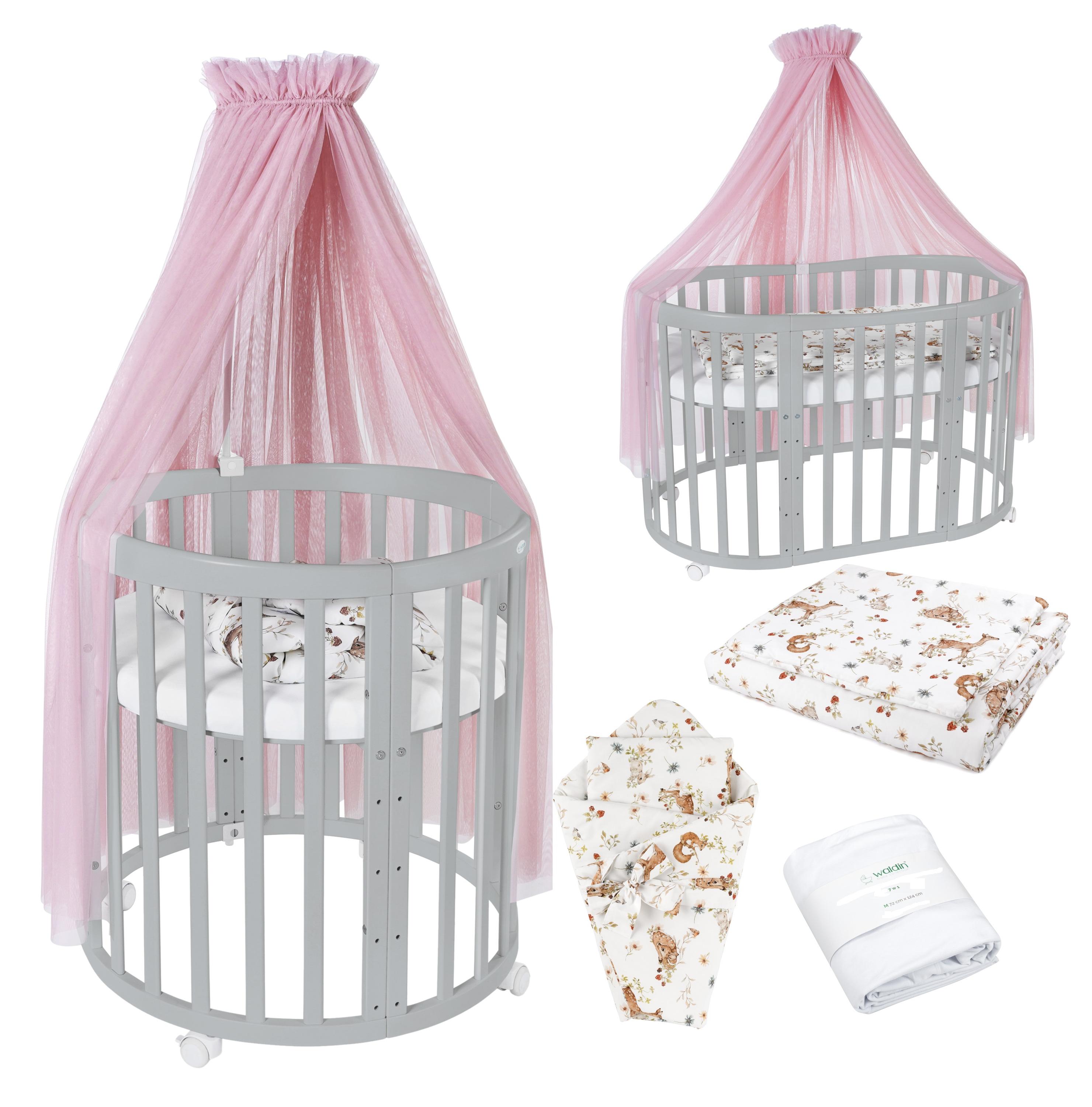 Babybett aus Holz, Rosa Grau, Design Stoffe Rosa Tiere, 128x78x79 cm, mitwachsend, 5-fach höhenverstellbar