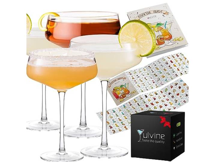 YULVINE Coupé-Gläser-Set, mundgeblasen, 340 ml, Kristall, großer Stiel, Martini-Gläser mit Cocktail-Guide, für Champagner, Riesen, Dessert, Bar, Cosmopolitan, Manhattan, Gimlet, Pisco Sour