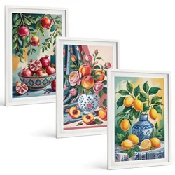BILDER SET 3er Set - 40x60 cm Weißer Rahmen - Blumen und Früchte in Vasen