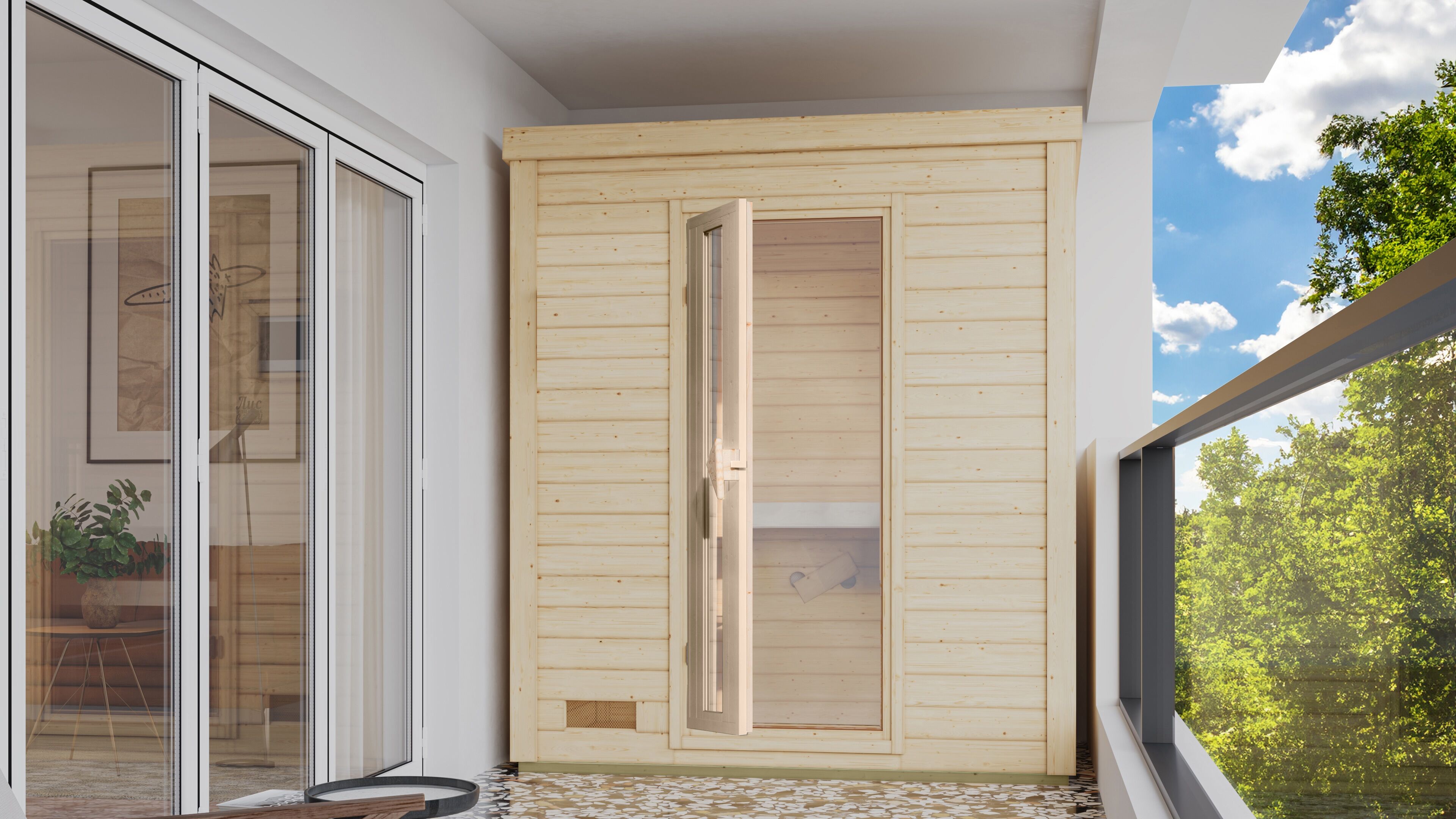 Saunahaus KONIFERA "Trontheim S", beige (naturbelassen), Saunaofen, integrierte Steuerung, 9 kW, Saunen, Saunaofen mit eingebauter Steuerung 9 kW
