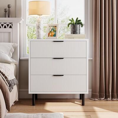 YUN Fluted 3 Drawer Dresser, Modern Chest with Metal Legs, Wood Storage Organizer for Bedroom, Entryway, White