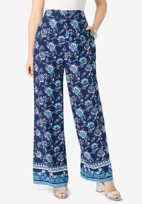 Plus Size Women's Plus Size Printed Wide Leg Pant by Roaman's in Navy Porcelain Border (Size 26 W)