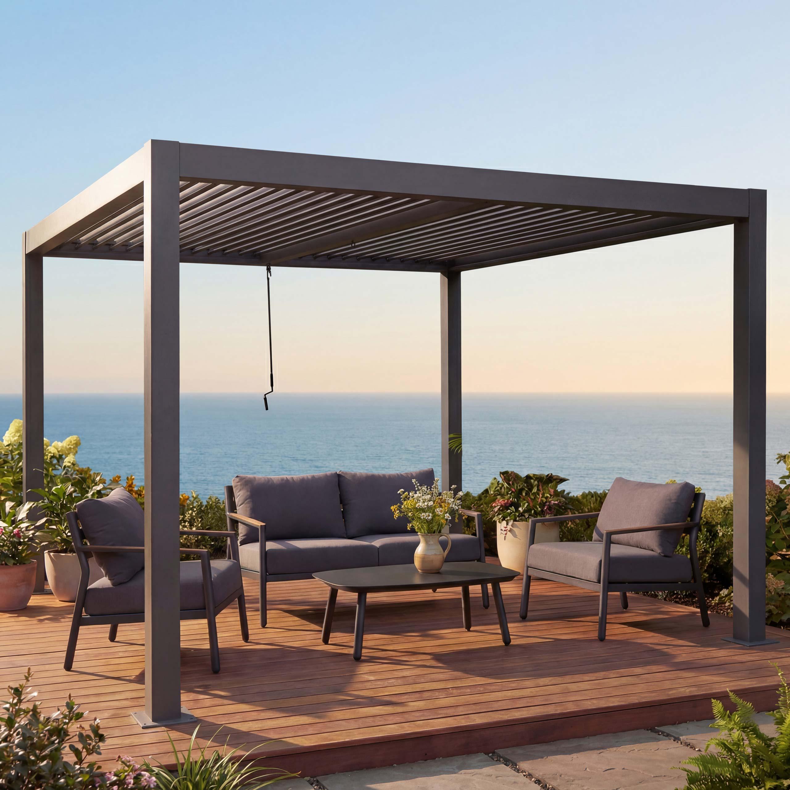 Pergola HWC-L46, Gartenpavillon Lamellen-Pavillon, 10cm-Aluminium-Gestell, Regenrinne sturmfest, 3x4m anthrazit