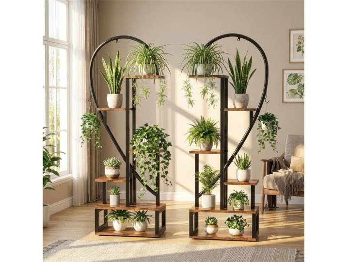 Ensemble de 2 supports à plantes hauts à 5 niveaux pour intérieur, support à plantes en métal en forme de cœur avec roulettes et crochets de suspension, étagère à plantes en bois style farmhouse pour