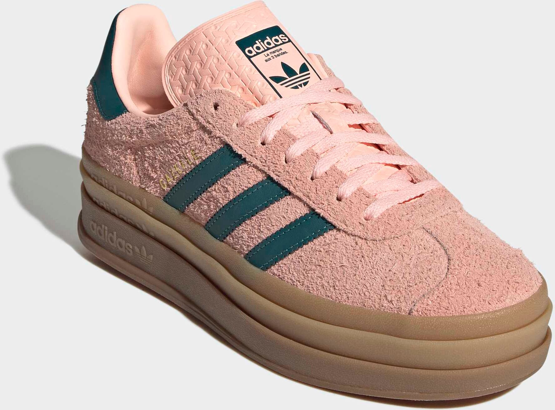 Plateausneaker ADIDAS ORIGINALS "GAZELLE BOLD", Damen, Gr. 39, haze coral, rich grün, gold metallic, Leder, Schuhe Plateausneaker haze coral, rich grün, gold metallic 39
