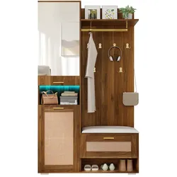 OKWISH Kleiderschrank mit Spiegel und 16-farbiger LED-Beleuchtung, 110x38x190 cm, Walnuss-Holzoptik, mit Sitzbank und goldenen Akzenten