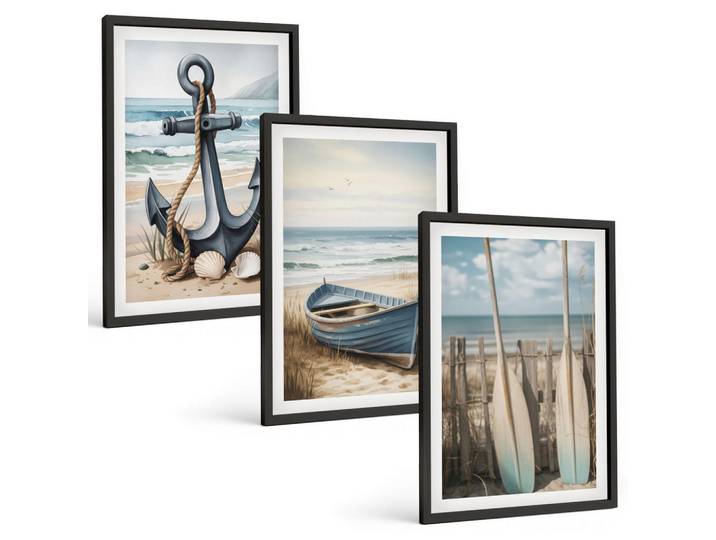 Tulup Bilder SET 3er Set - 40x60 cm Schwarzer Rahmen - Anker, Boot, Ruder, Strand, Kunststoff, Rechteckig, 40x60 cm, Fotografie, Bilder & Rahmen, Bilder