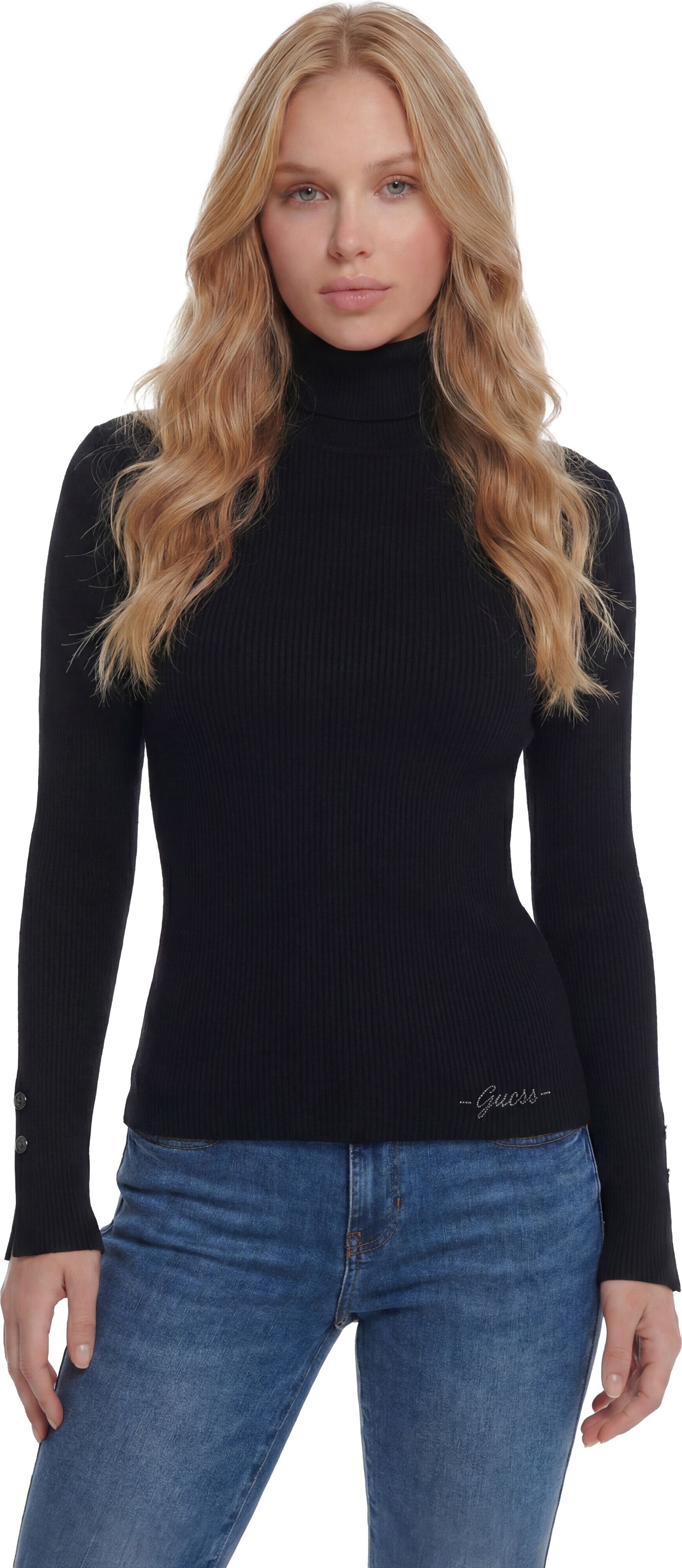 Rollkragenpullover GUESS "LS TN ELLIE SWTR", Damen, Gr. M, schwarz (jet schwarz a996), Rippstrick, Obermaterial: 71% Viskose, 29% Polyamid, unifarben, hüftlang, hoch geschlossener Ausschnitt, mit Knöpfen,Ärmel mit Ärmelschlitz, Pullover Rollkragenpullover