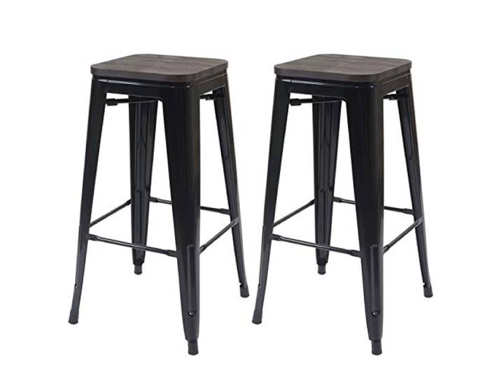 Mendler 2er-Set Barhocker HWC-A73 inkl. Holz-Sitzfläche Metall - schwarz Barstuhl, Tresenhocker, Industriedesign, stapelbar