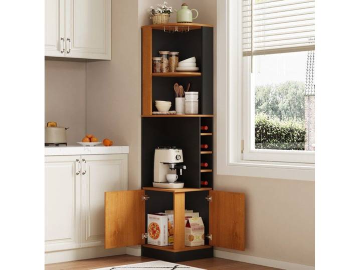 Modenuit Buffet haut d'angle 40 x 40 x 182 cm meuble de rangement MDF noir avec porte-verres