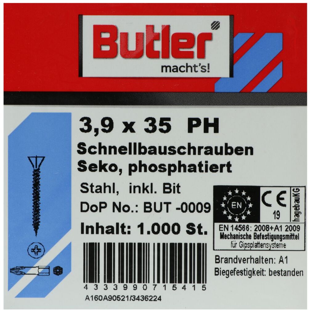 REYHER Butler macht's! Schnellbauschrauben inkl. Bit für Faserplatten auf Holz und Metall bis 0,6 mm, HiLo-Gewinde, PH2, 3,9 x 35 mm, 1.000 Stück