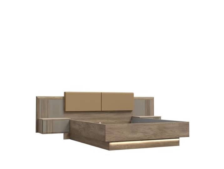 möbelando Bettanlage >Savona< Stellmaß 290,1x97,5x206,6cm, Liegefläche 160x200cm, Kunstleder Kopfteil, LED Beleuchtung, Eiche Antik Dekor, Beige Glanz, Integrierte Nachtkommoden mit Push-to-Open