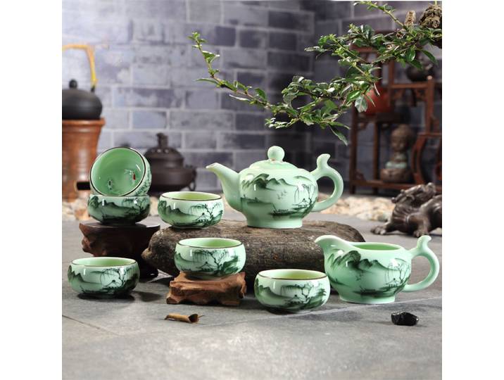 Ensemble de thé traditionnel Longquan chinois Kung Fu, théière céladon faite à la main avec paysage Lotus Design tasses à thé coffret cadeau 9 pièces par