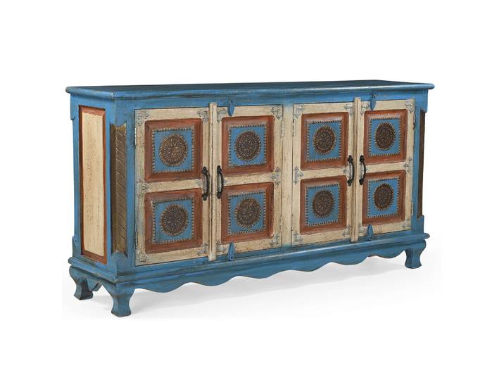 Sideboard OTTO HOME Mahar , bunt (blau, creme), B:160cm H:85cm T:40cm, Massivholz, Sideboards, Sideboard, mit aufwendiger Schnitzerei, handgefertigt, Unika-Möbel, Breite 160 cm