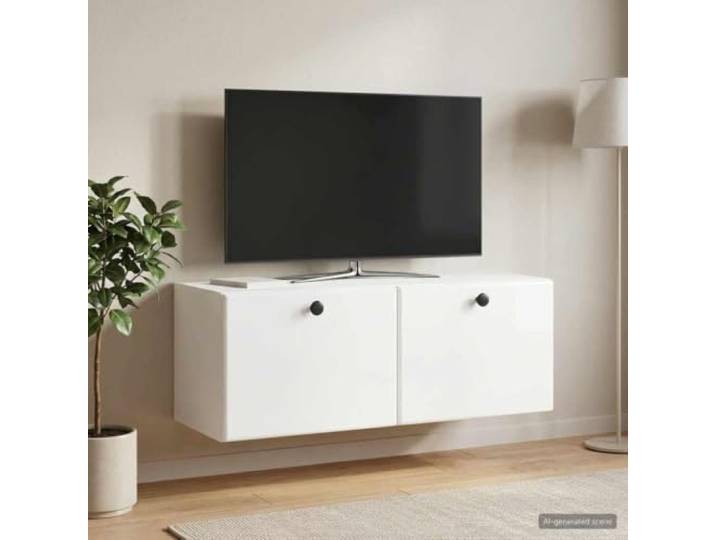 Wandmontierter TV-Schrank 78,5 x 31 x 30 cm Hochglanz Weiß mit Pendeltüren Holzwerkstoff, 90 Grad Pendeltüren, wandmontiert, pflegeleichte Oberfläche, viel Stauraum für Medien und Deko