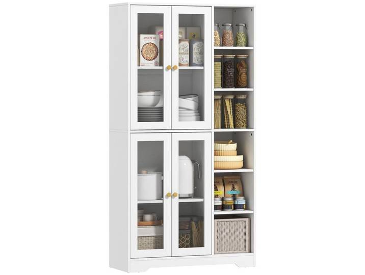 Buffet haut cuisine vaisselier vitrine 4 portes verre trempé fermeture douce 90x35x172cm Blanc