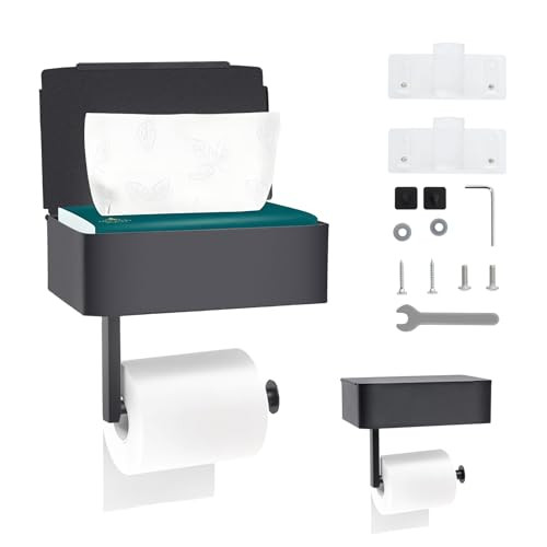Chiluxendo Zelfklevende Toiletrolhouder met Reservehouder en Doekjeshouder, Zwart