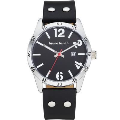 Quarzuhr BRUNO BANANI "Street Rebel", schwarz (schwarz, schwarz), Armbanduhren, Herren, silberfarben, Quarzuhr, Armbanduhr, Herrenuhr, Lederarmband, analog, Tag