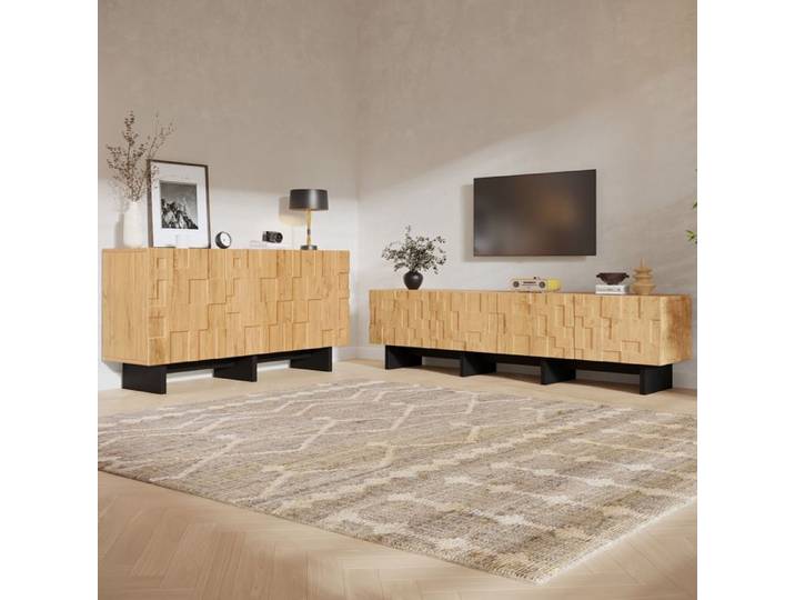 MEULVA Ensemble meuble TV et buffet 180/140 cm 7 portes bois naturel TV jusqu'à 75 pouces