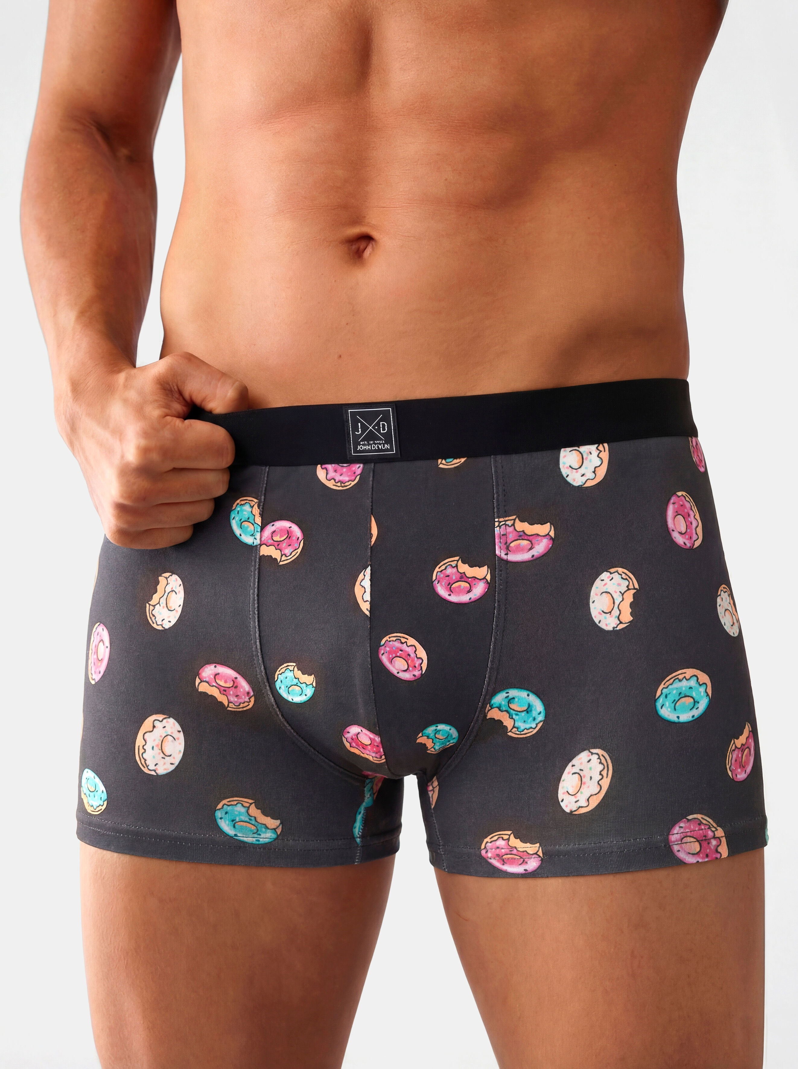 Boxer JOHN DEVIN "Boxershorts für Herren", Herren, Gr. L (6), 3 Stk., Jersey, bunt (donut, bedruckt, mint, schwarz), Jersey, Obermaterial: 95% Baumwolle, 5% Elasthan, bedruckt, unifarben, körpernah, Unterhosen Boxer, aus weichem Jersey-Material, teils lus