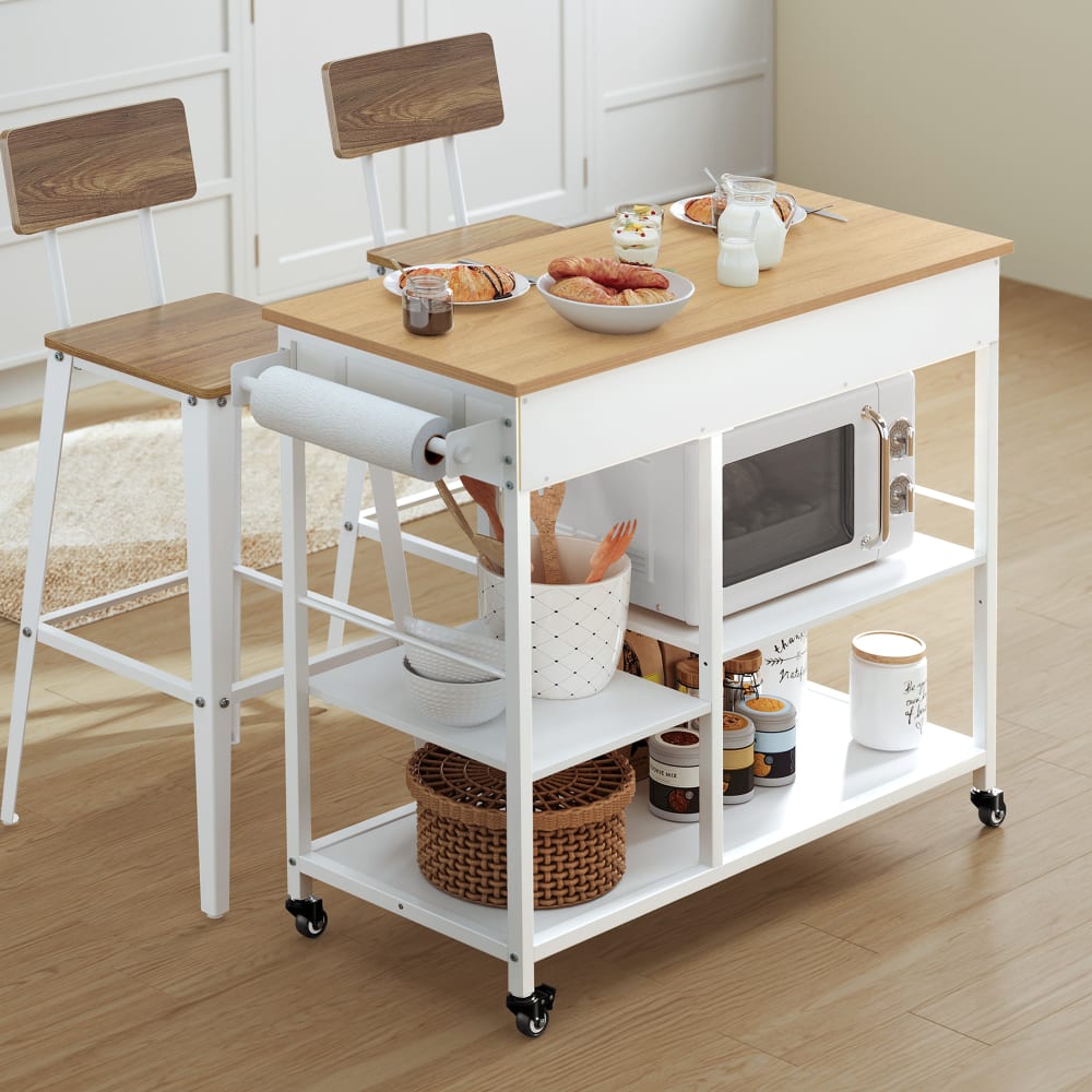 VASAGLE Carrito de cocina con ruedas con toallero y 2 cajones de color blanco