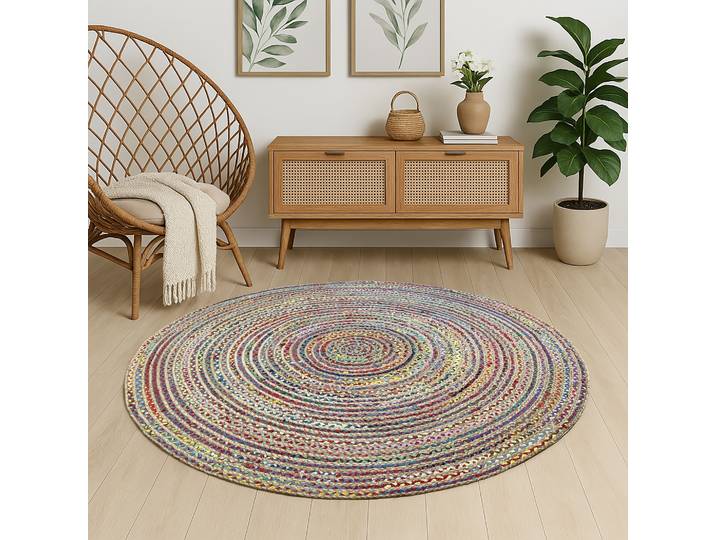 Teppich Boho Breeze , beige (natur multicolor), H:10mm Ø:200cm, Baumwolle, Jute, MYFLAIR MÖBEL & ACCESSOIRES, Teppiche, Teppich, Juteteppich, handgeflochten, Wendeteppich, farbige Baumwoll-Akzente